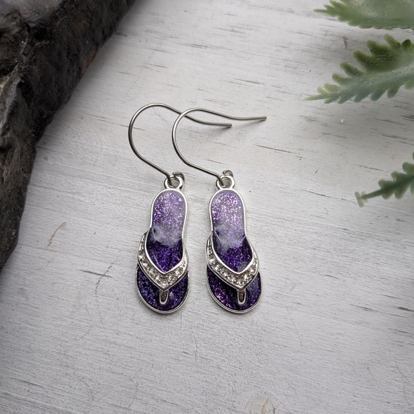 Silver-Tone Purple Glitter Flip Flop Drop Earrings - Picture 2 of 5